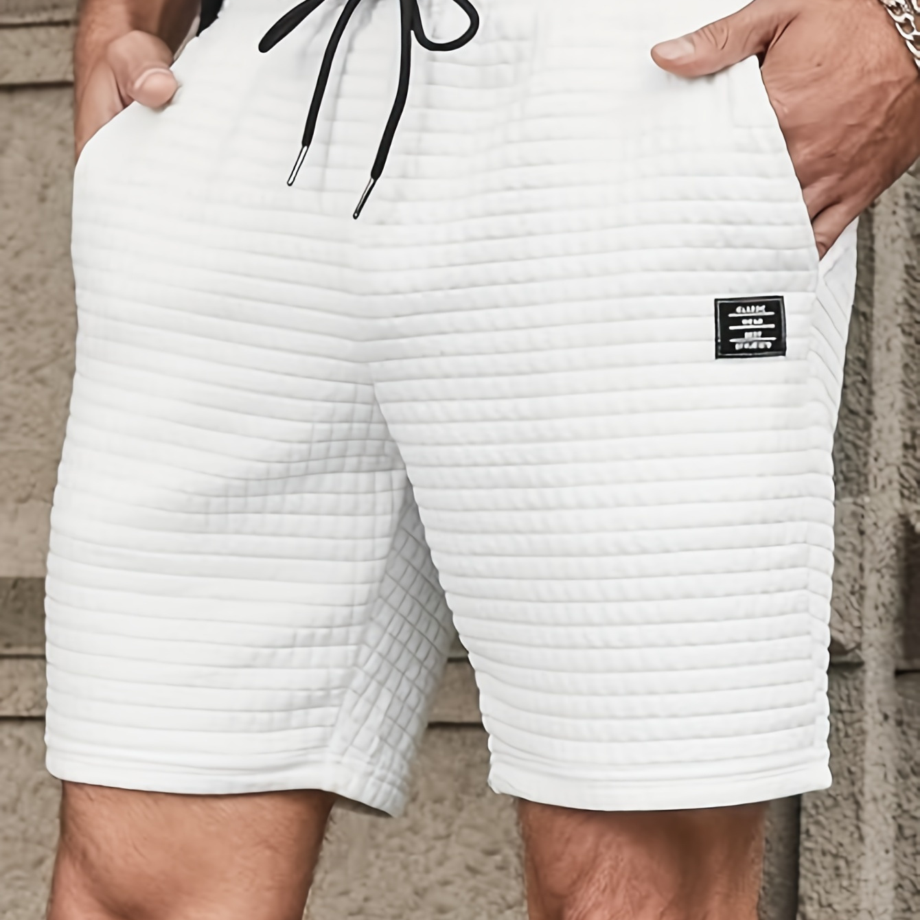 

Men's Waffle Knit Shorts With Drawstring, Pockets And Label Patchwork, Casual And Chic Shorts For Summer Leisurewear