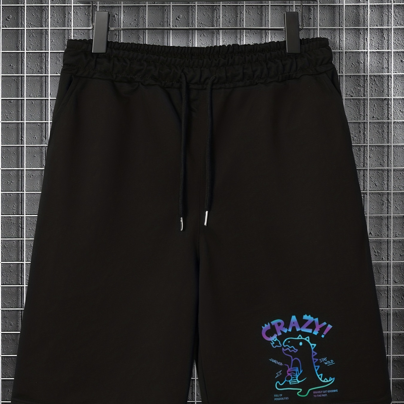 

Crazy Dinosaur Print Elastic Waist Shorts, Solid Casual Shorts, Men's Clothing Plus Size