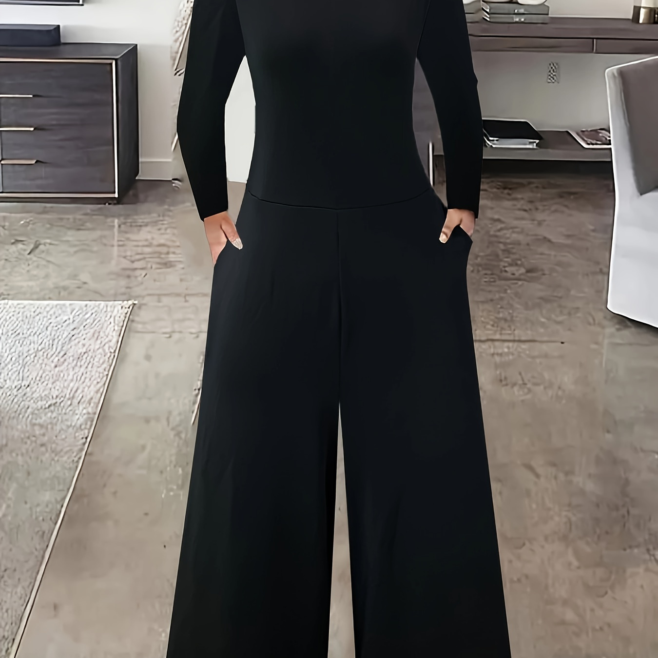 

Plus Size Solid Wide Leg Jumpsuit, Casual Long Sleeve Zip Back Jumpsuit, Women's Plus Size clothing