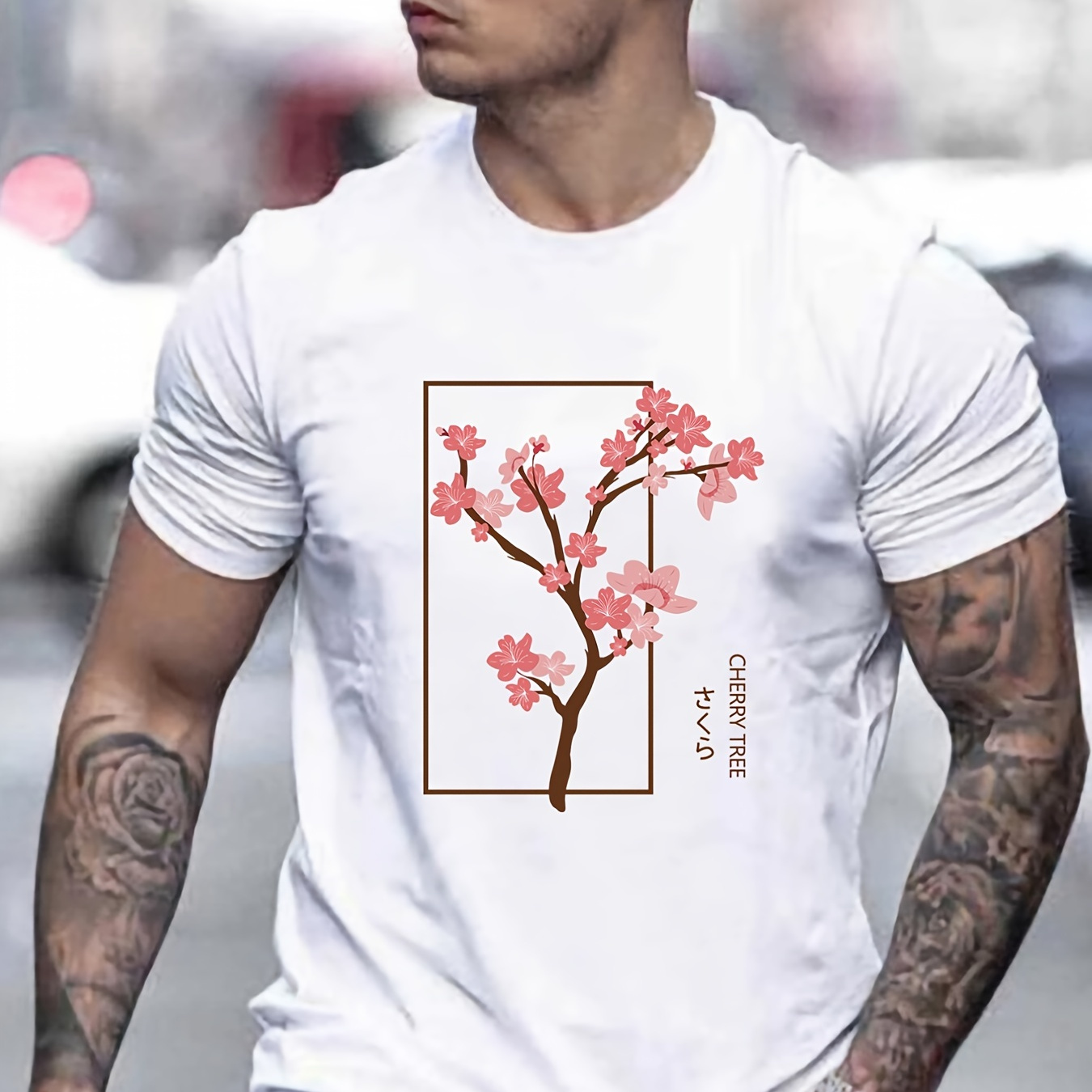 

'cherry Tree' Pattern Tee, Men's Casual Crew Neck T-shirt For Spring And Summer