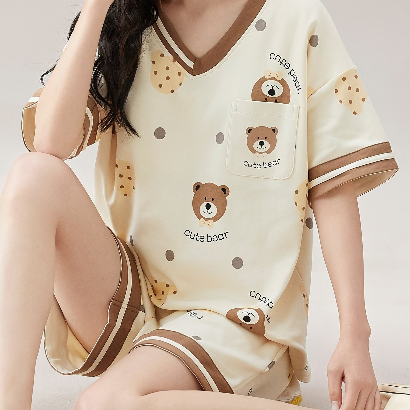 

Cartoon Bear & Cookie Print Loose Fit Pajama Set, Casual Short Sleeve V Neck T-shirt & Elastic Shorts, Women's Sleepwear