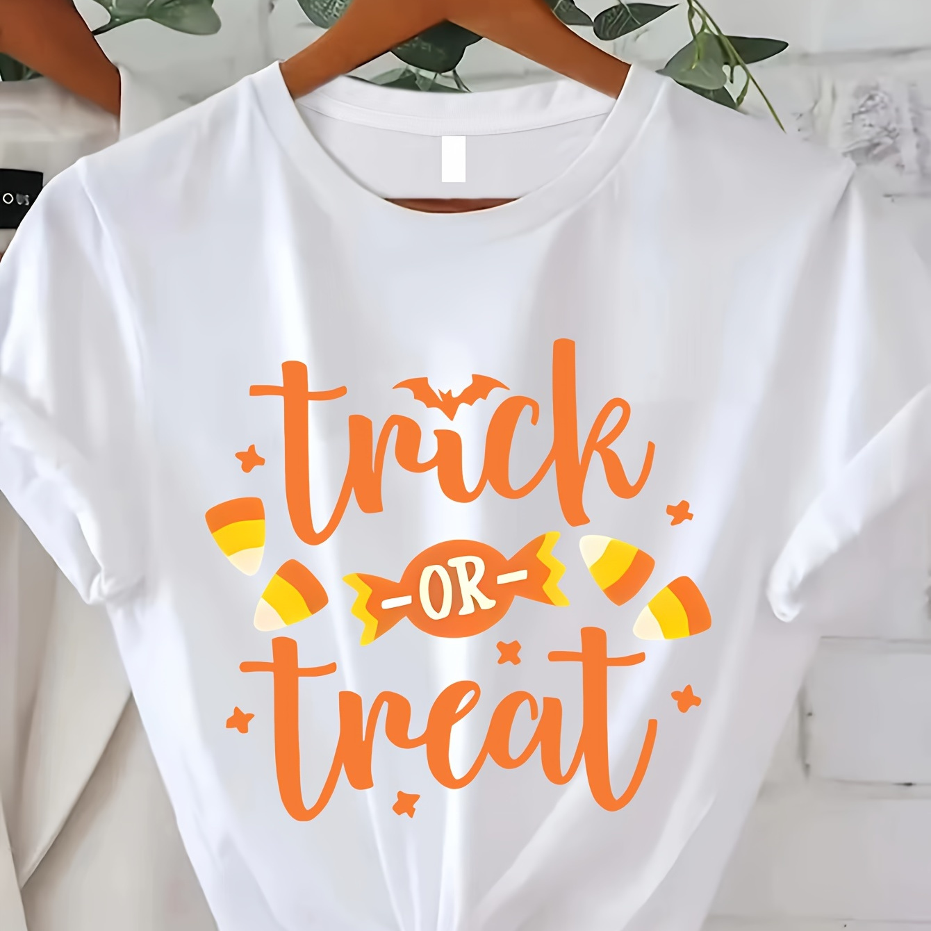 

Trick Or Treat Graphic T-shirt - Casual Crew Neck Polyester Knit Fabric Top With Geometric Candy Pattern - Regular Length Spring/summer Tee