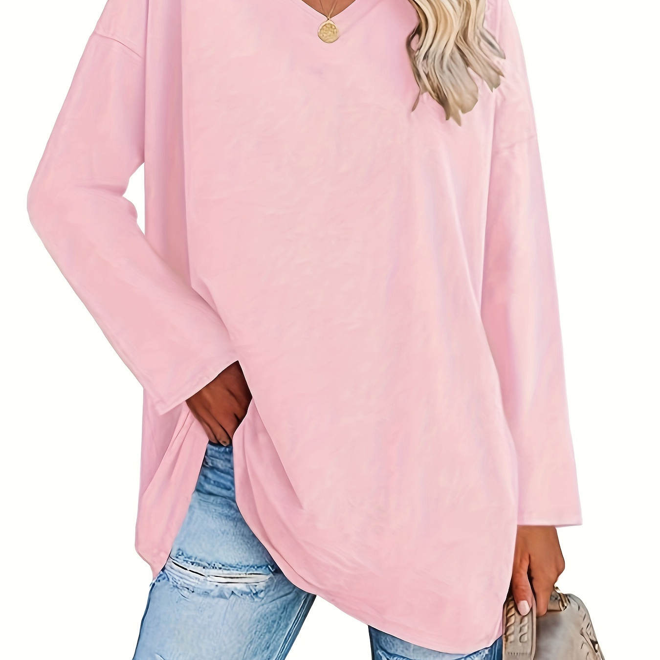 

Plus Size Solid Simple T-shirt, Casual V Neck Long Sleeve T-shirt, Women's Plus Size clothing