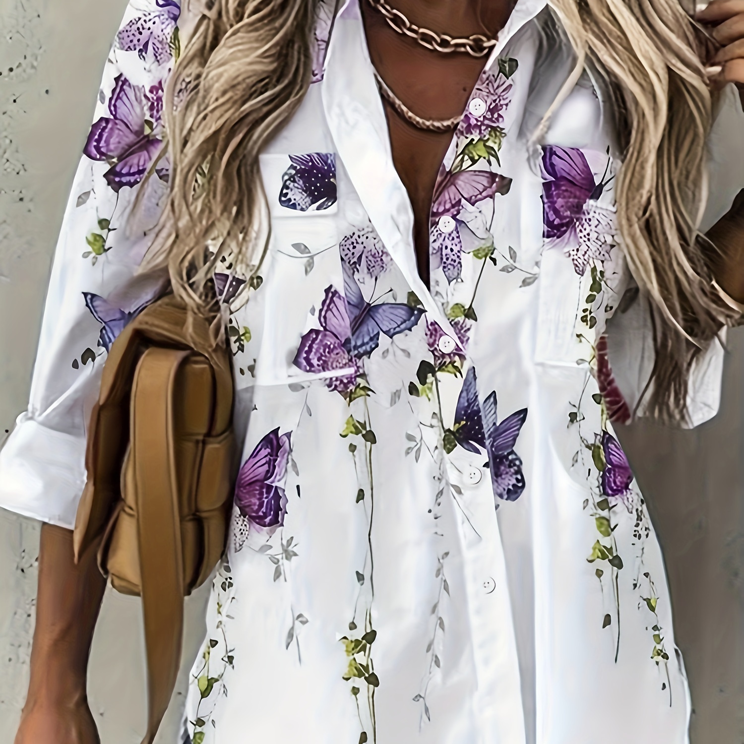 

Chemise boutonnée à imprimé papillon grande taille, chemise décontractée à manches longues pour le printemps, vêtements grande taille pour femmes