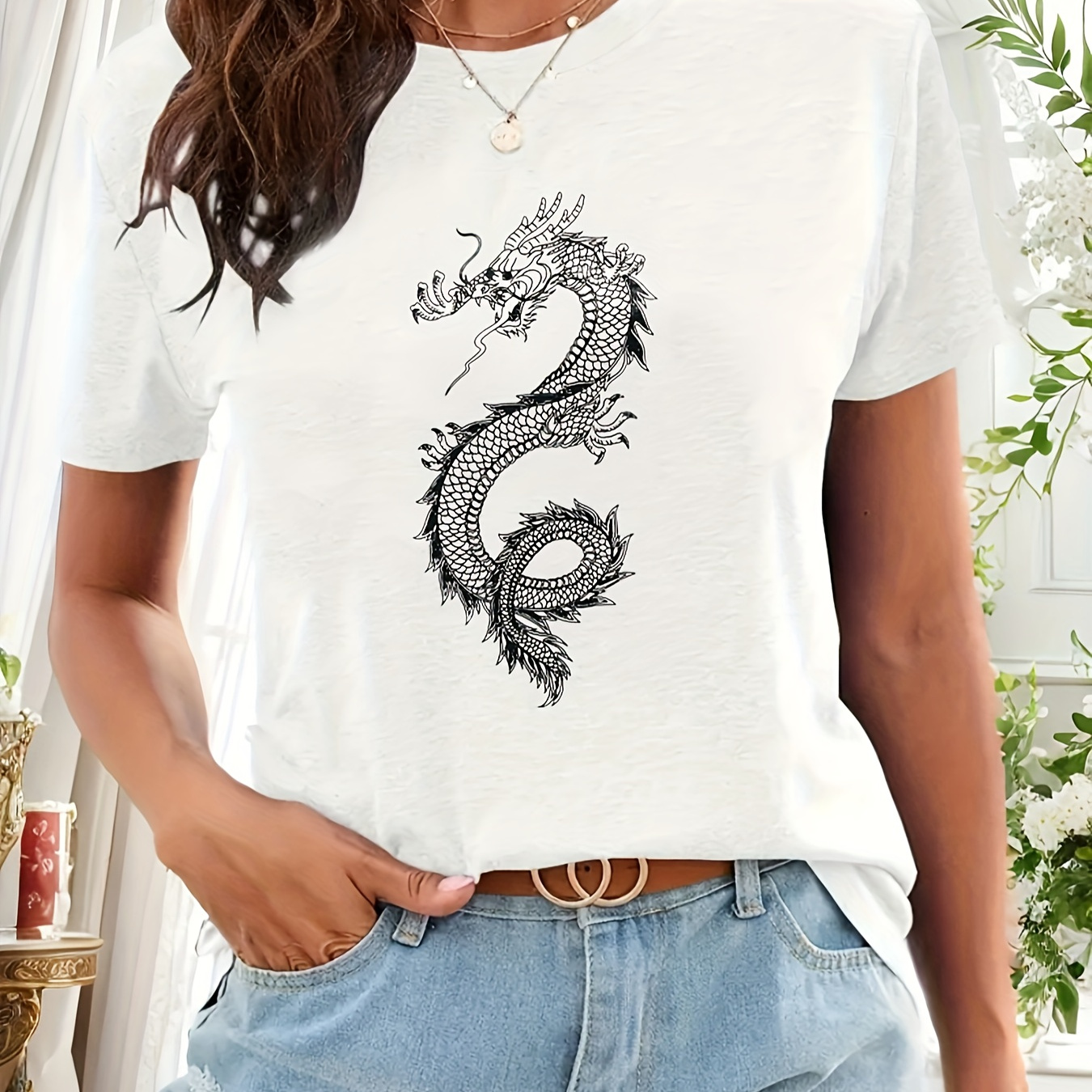 

Dragon Graphic Print T-shirt, Short Sleeve Crew Neck Casual Top For Summer & Spring, Women's Clothing