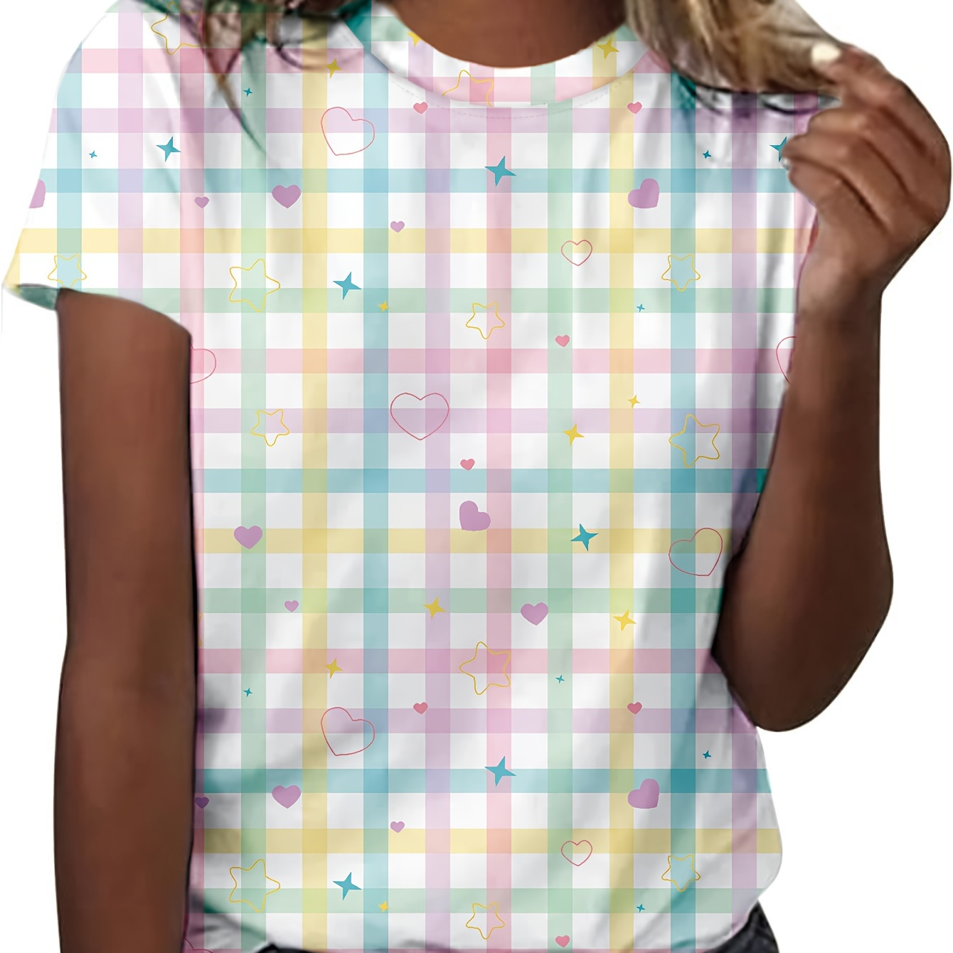 

Heart Print Crew Neck T-shirt, Casual Short Sleeve Top For Spring & Summer, Women's Clothing