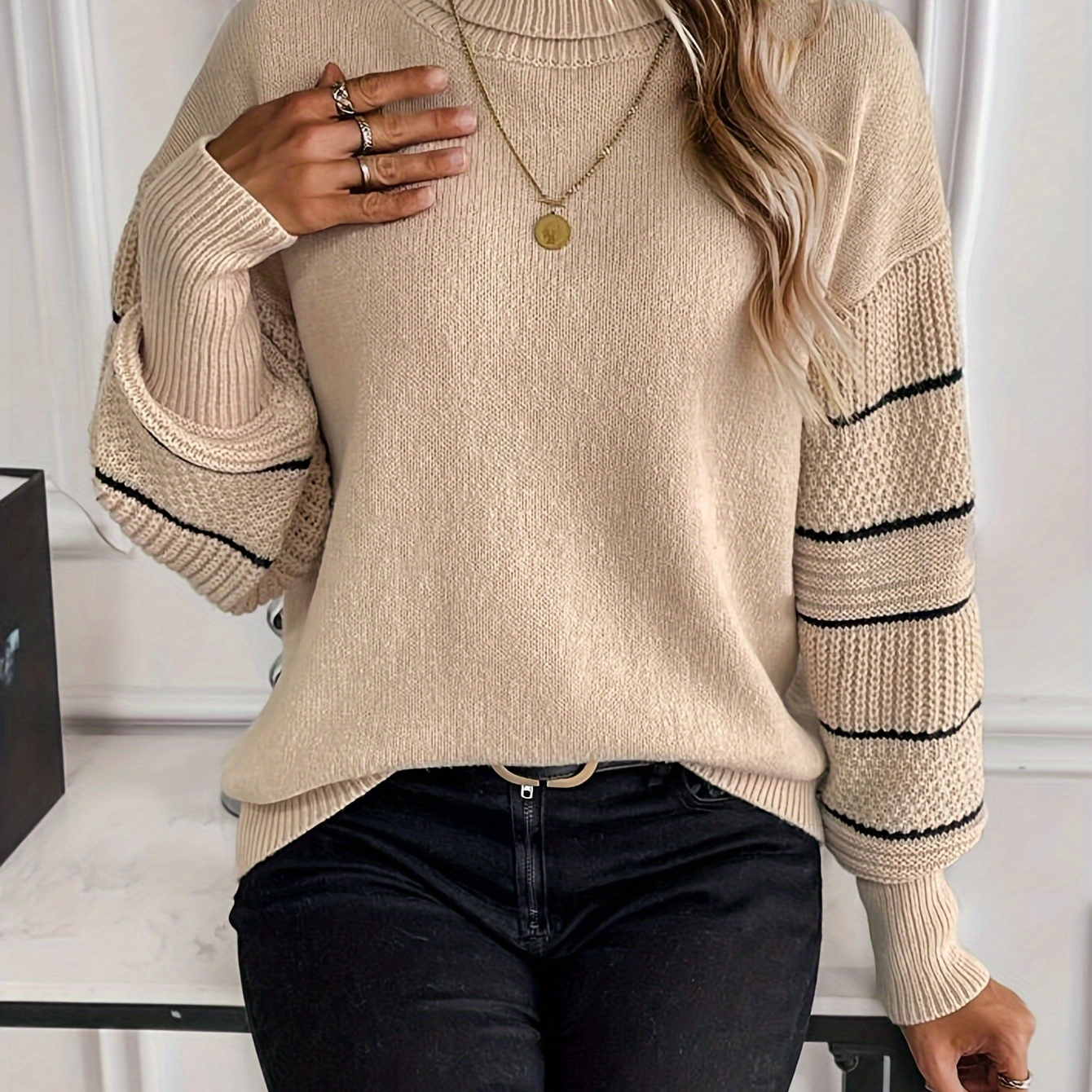 

Contrast Trim Drop Shoulder Knitted Sweater, Casual Turtleneck Long Sleeve Sweater, Women's Clothing
