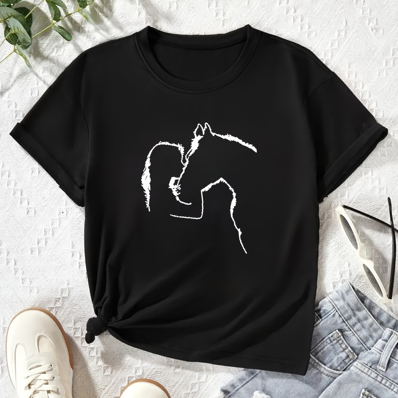 

Cartoon Girl & Horse Graphic T-shirt, Girls Casual Short Sleeve Tops For Summer Gift