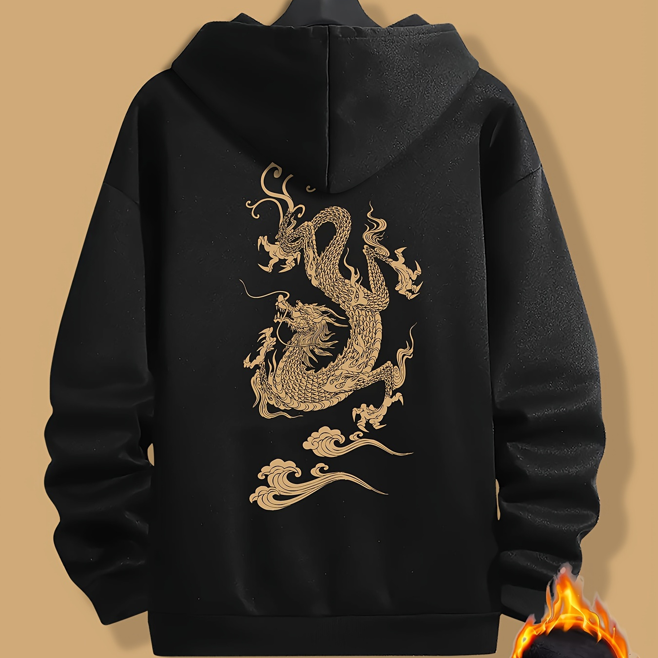 

Gold Dragon Graphic Print Sweatshirt, Artistic Graphic Design Hoodies With Fleece For Men, Men's Warm Slightly Flex Hooded Streetwear Pullover, For Fall And Winter, As Gifts