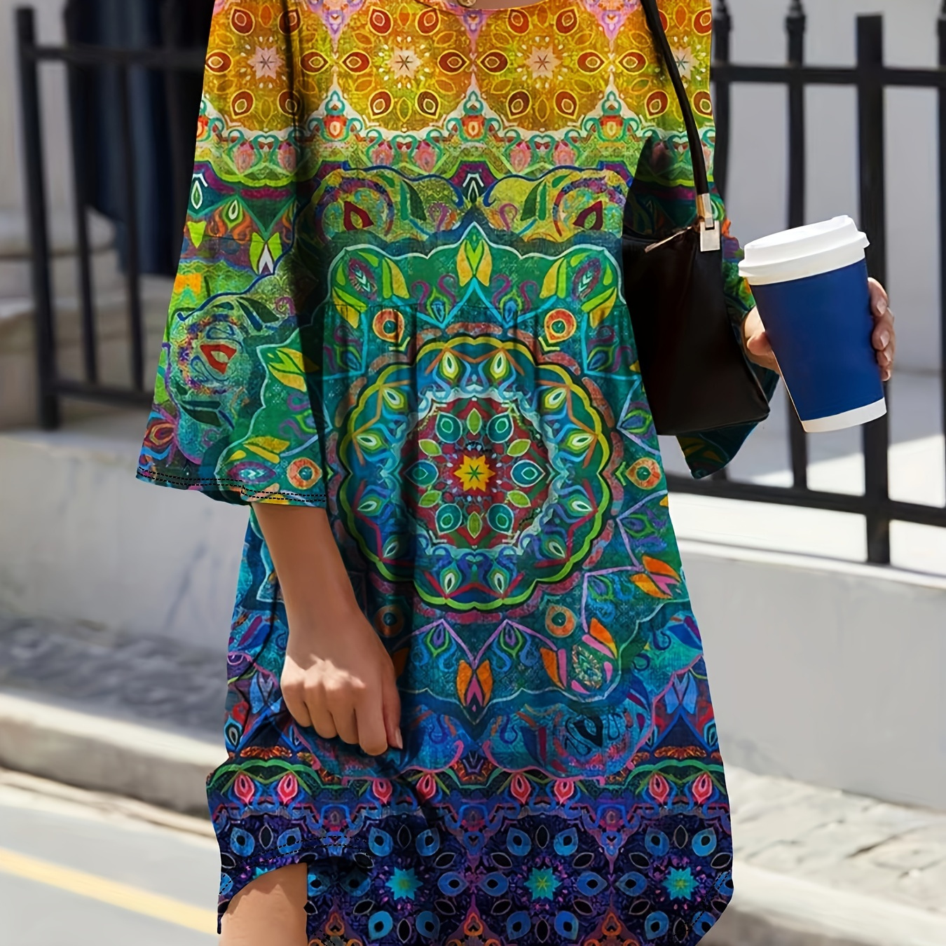

Plus Size Colorful Ethnic Floral Print Ruched Dress, Casual Flare Sleeve Dress For Spring & Summer, Women's Plus Size Clothing