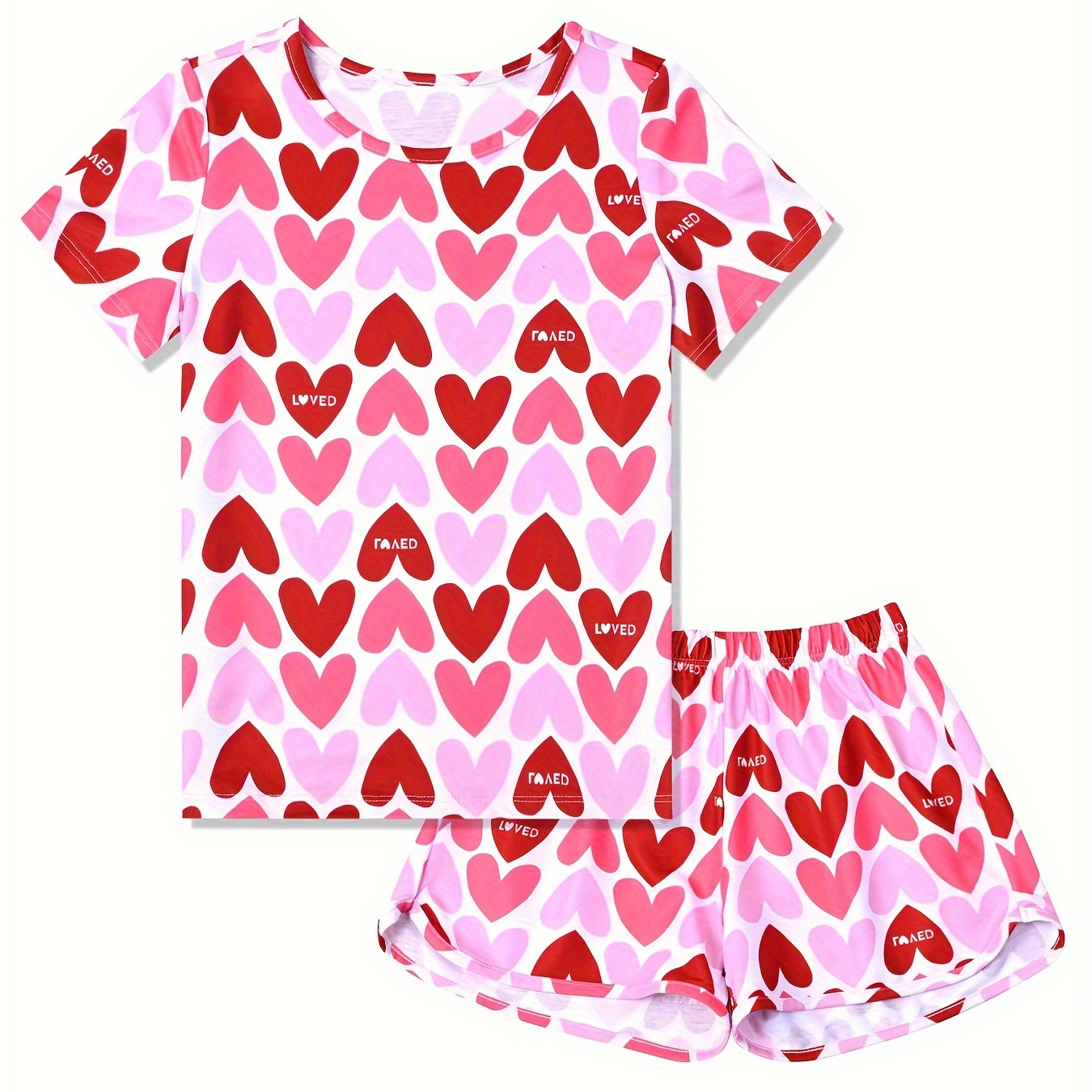 

Toddler Kid Girls 2-piece Pajama Set Allover Cartoon Hearts Print Crew Neck Short Sleeve T-shirt + Matching Shorts Comfy Loungewear