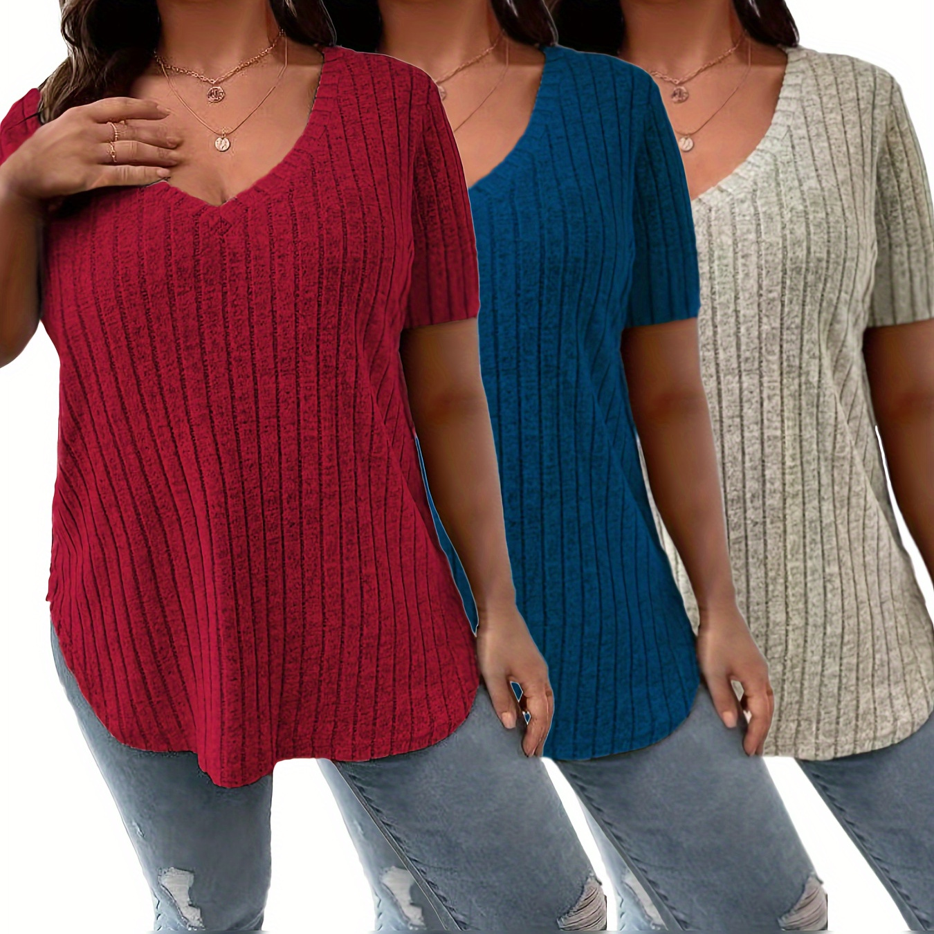 

Curve Embracing, Size V-neck T-shirt 3pcs - Solid Color, Ribbed Knit, Short Sleeve, Machine Washable