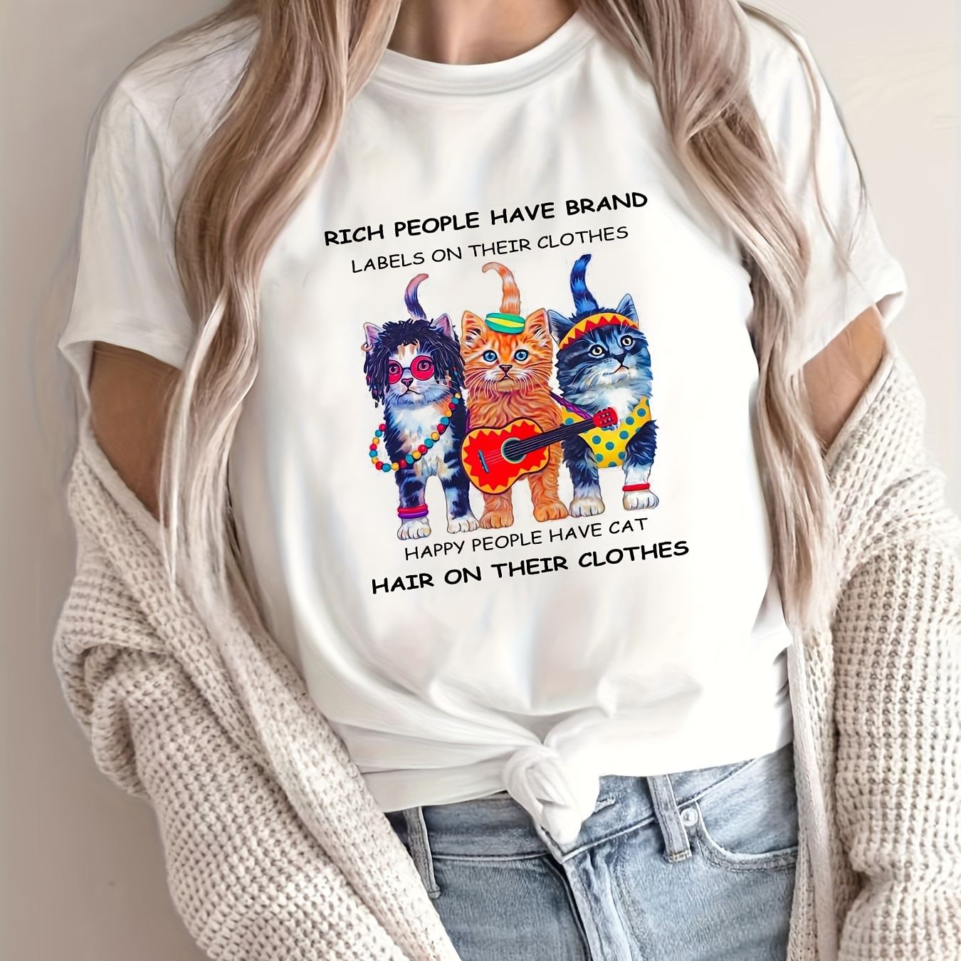 

Cartoon Cats & Letter Print Summer T-shirt, Cute Short Sleeve Crew Neck Top, Women's Clothing