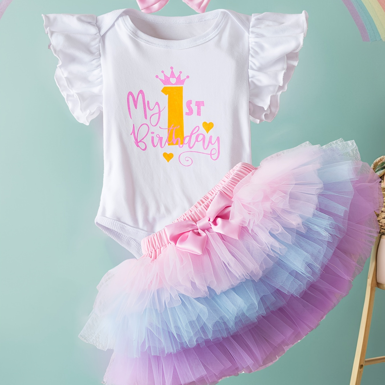 

Adorable 2-pieces 1st Outfit " My 1st " & Skirt & Bowknot Headband For Photography Clothing