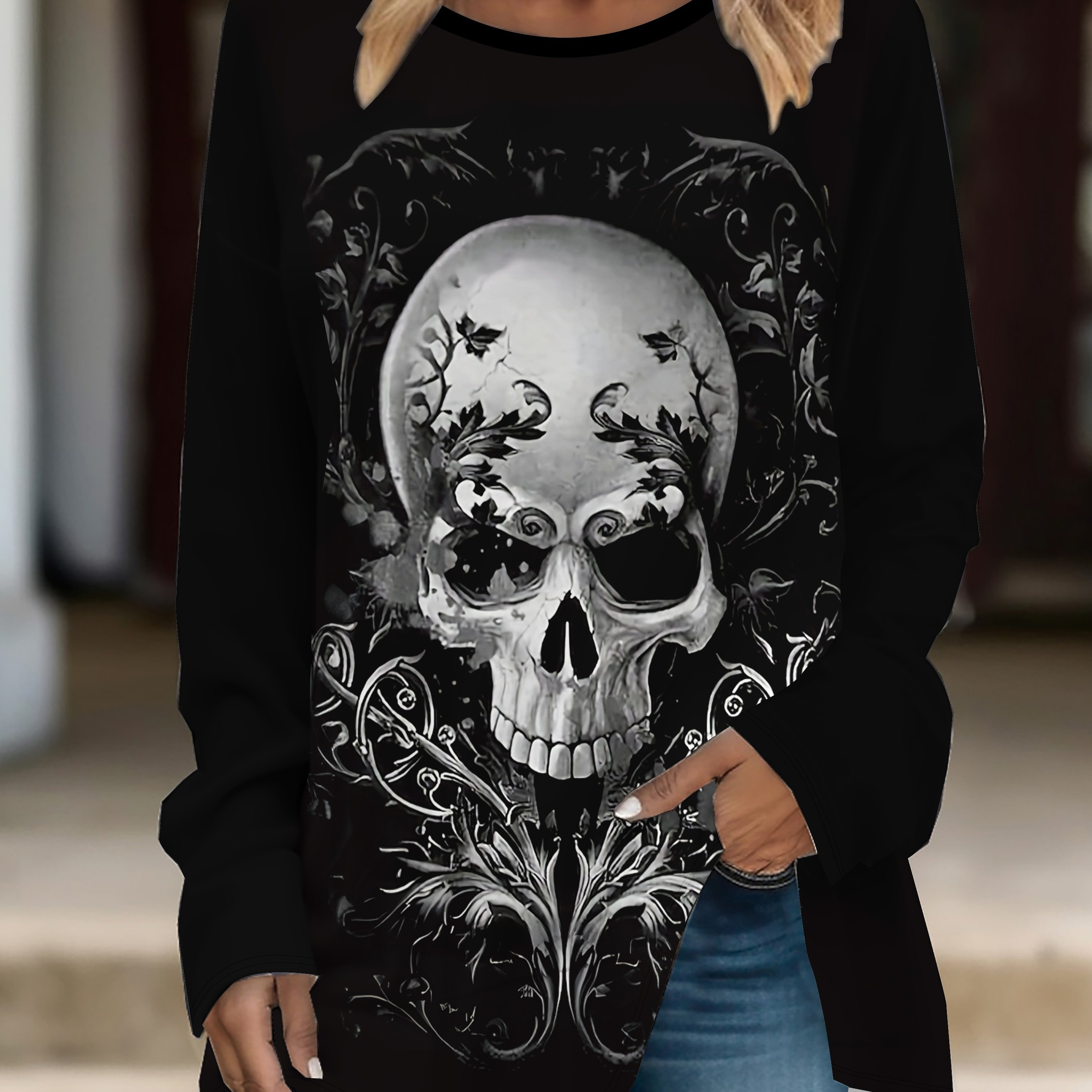 

Plus Size Women's Halloween 3d Skull Print Long Sleeve T-shirt - Gothic Style, Round Neck, Stretchy Polyester , Machine Washable, Black With Floral & Bat