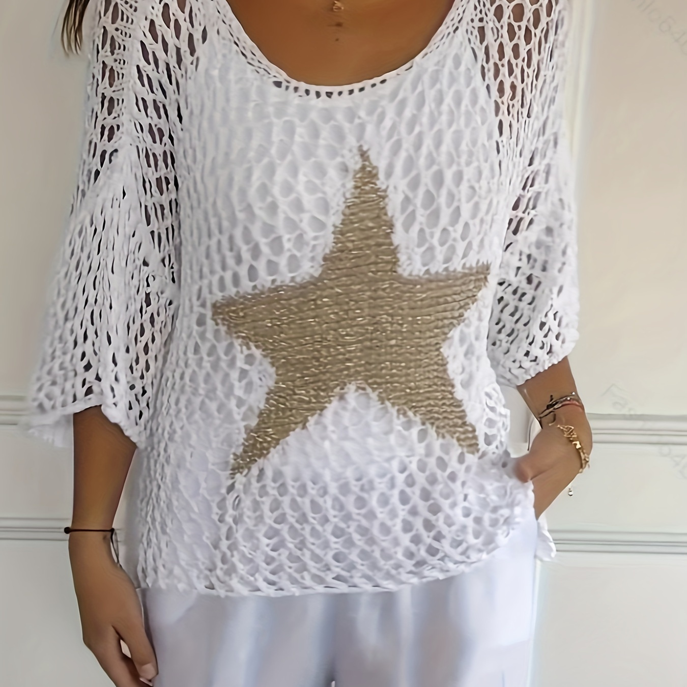 

Star Pattern Hollow Out Crochet Sweater, Casual 3/4 Sleeve Loose Top, Women's Clothing