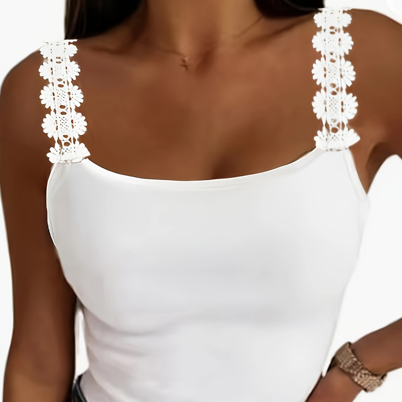 

Solid Color Lace Strap Top, Casual Sleeveless Cami Top For Summer, Women's Clothing