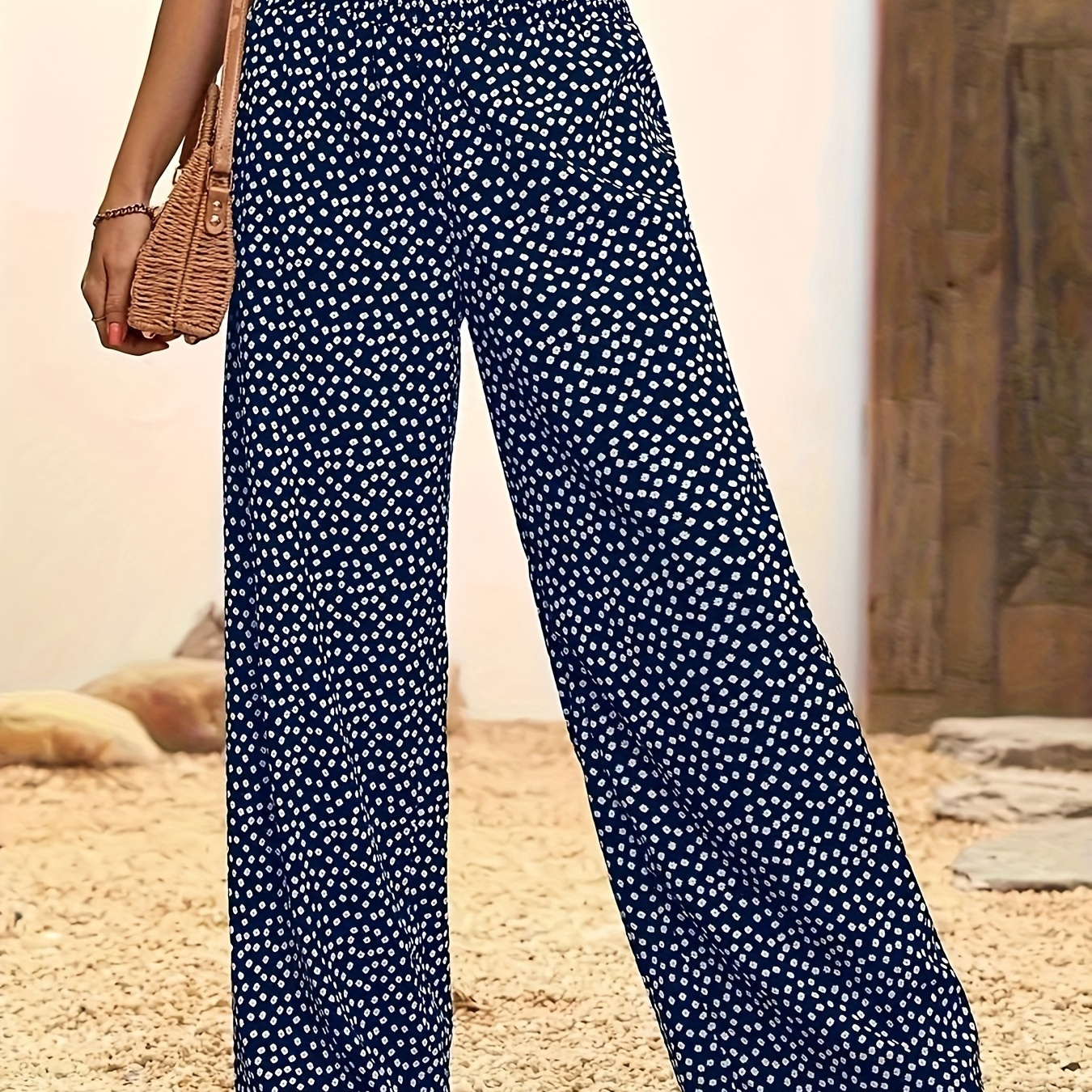 

Plus Size Allover Print Pants, Elegant High Waist Pants For Spring & Summer, Women's Plus Size Clothing