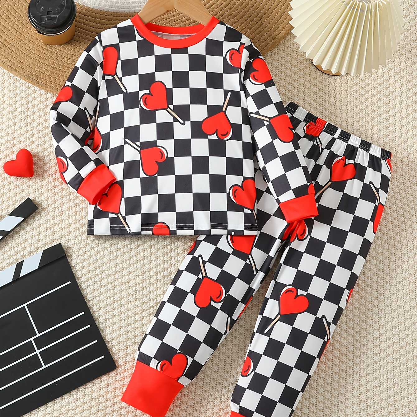 

Boys' Cute Black And White Plus Love Print Suit, Long Sleeve And Long Pants, Flame Retardant Fabric