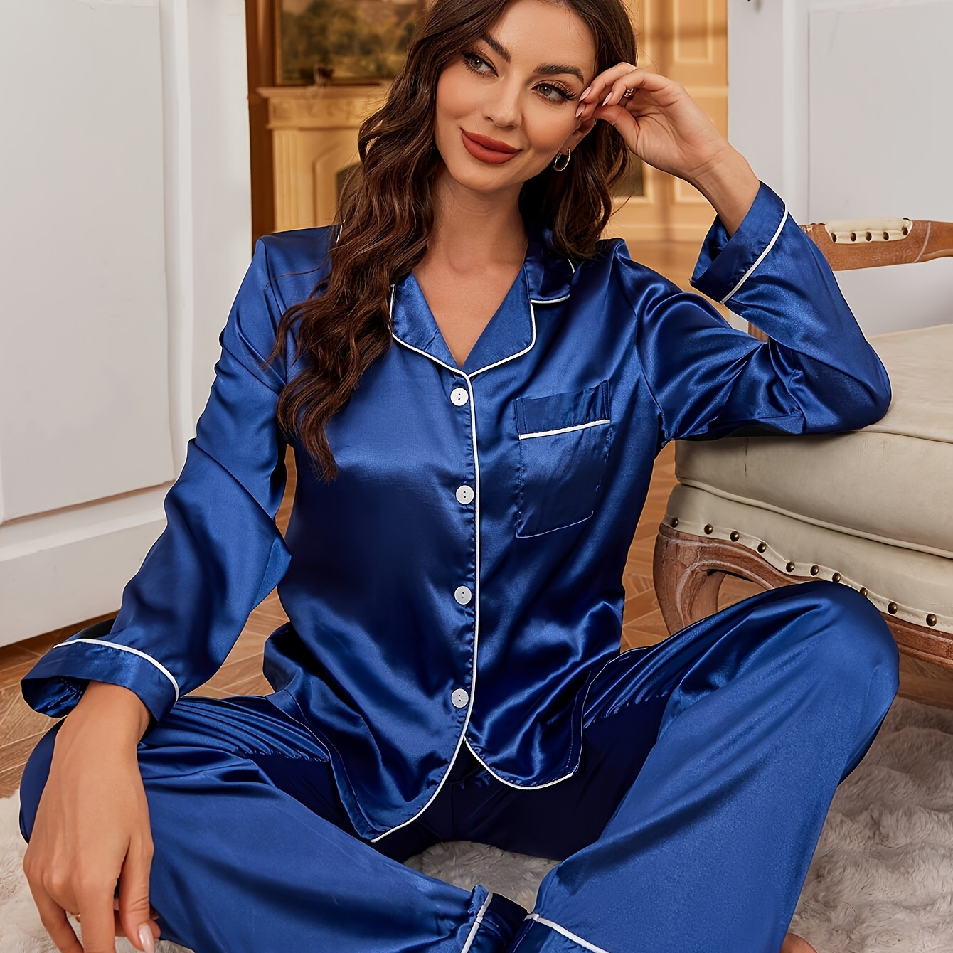 

Women's Satin Pajama Set - Long Sleeve Button-down Lapel Top With Elastic Waist Pants, Solid Color Sleepwear Basics With Pockets, Woven Polyester Blend (97% Polyester, 3% Elastane), All-season Comfort