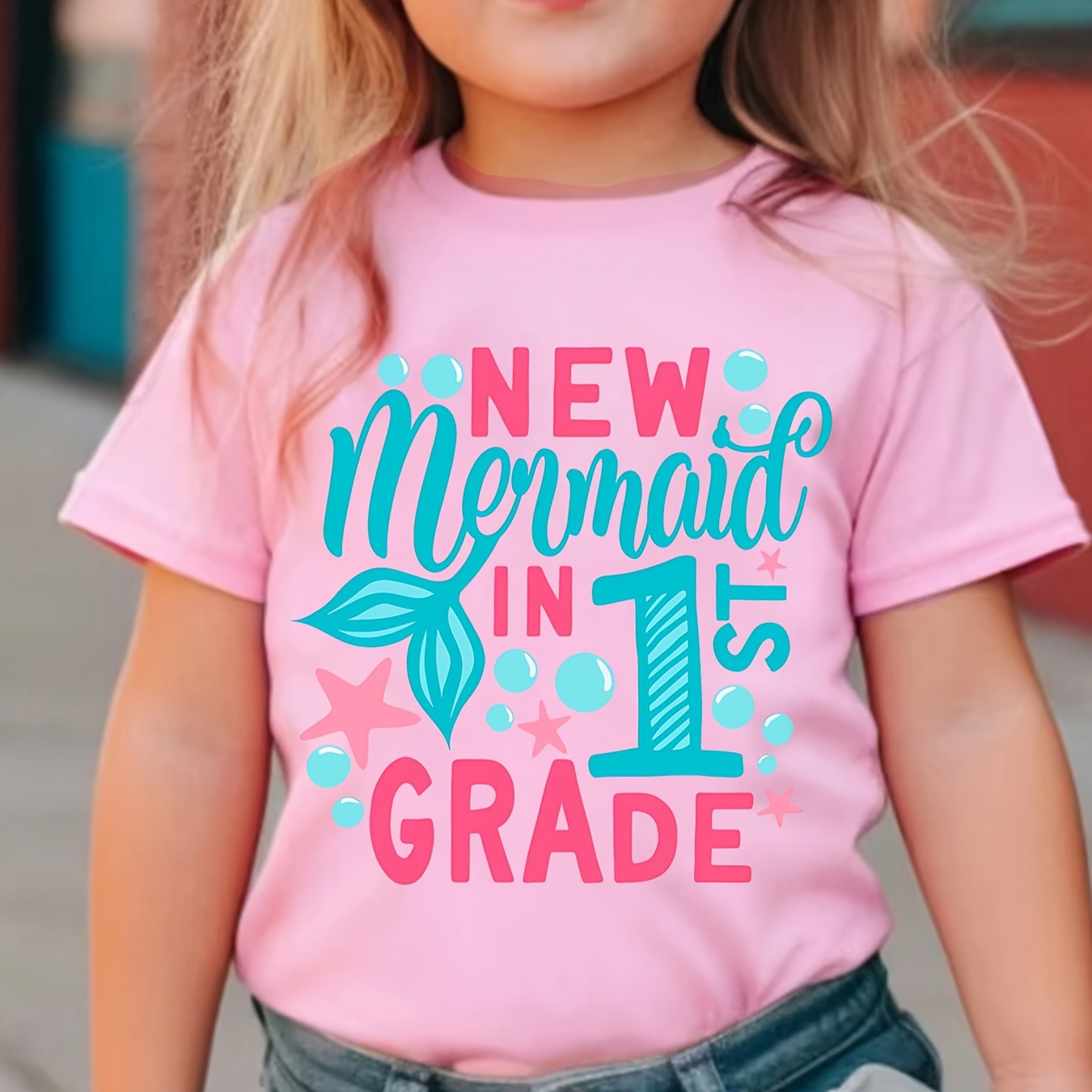 

New Mermaid In 1st Grade Print Creative T-shirts, Soft & Elastic Comfy Crew Neck Short Sleeve Tee, Girl's Summer Tops