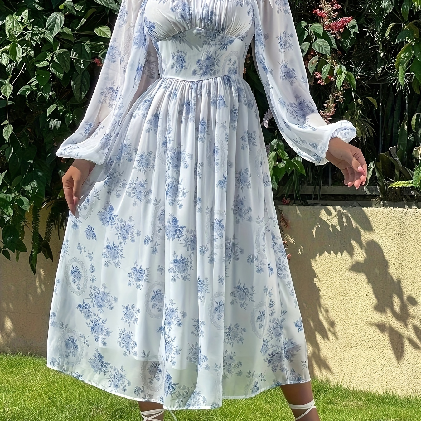 

Floral Print Square Neck Dress, Elegant Lantern Sleeve A-line Dress For Spring & Fall, Women's Clothing