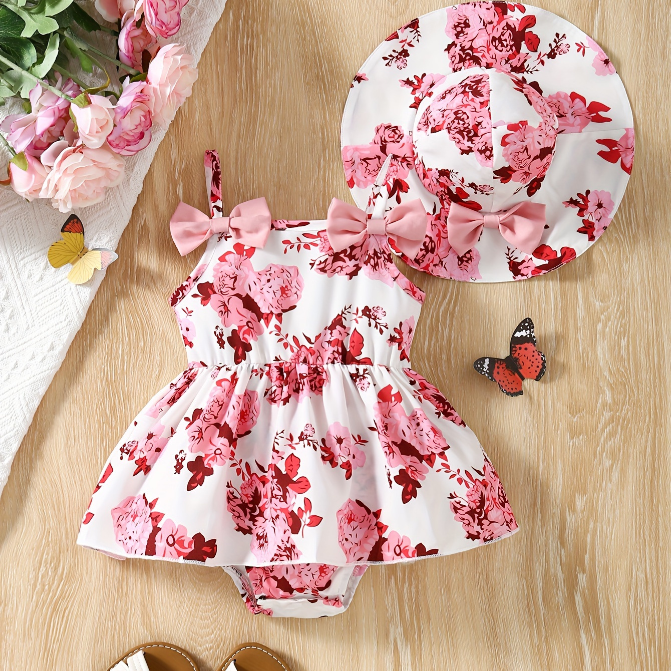 

Infant's Summer Floral Bodysuit Set, Bowknot Decor Ruffle Cami Romper With Matching Hat Set, Baby Girls Clothing
