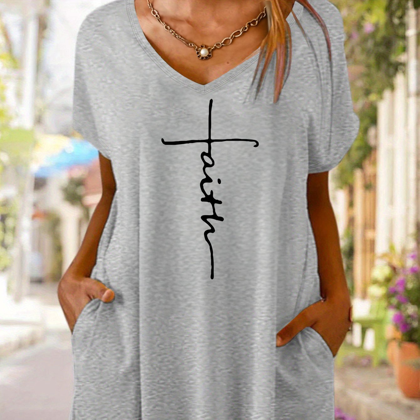 

Letter Print T-shirt Dress, Short Sleeve V Neck Double Pockets Casual Dress For Summer & Spring, Women's Clothing