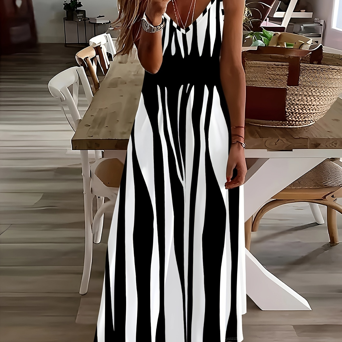 

Striped V-neck Dress, Vacation Style Sleeveless A-line Maxi Dress For Spring & Summer, Women's Clothing