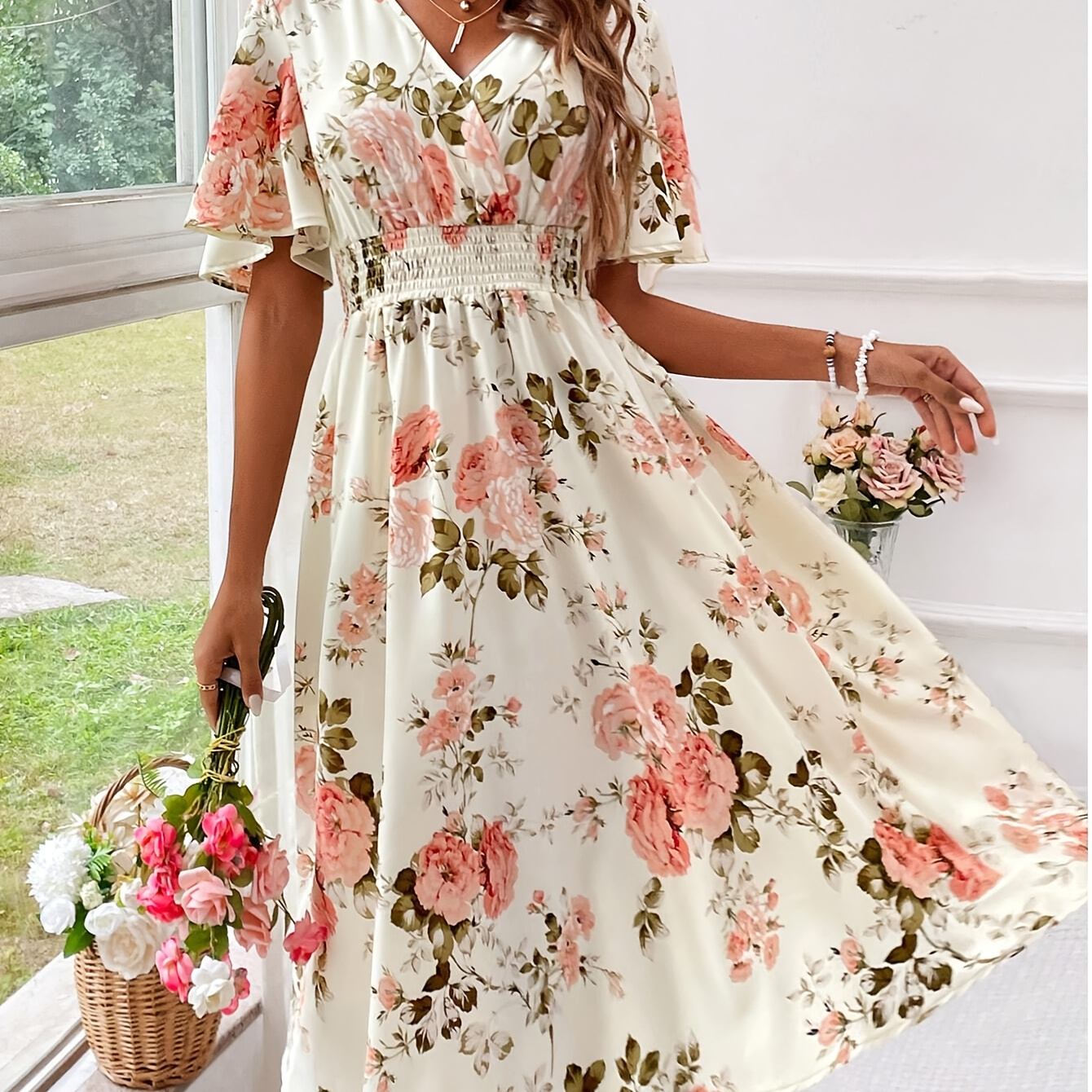 

Floral Print V Neck Dress, Elegant Ruffle Sleeve A-line Flowy Dress For Spring & Summer, Women's Clothing