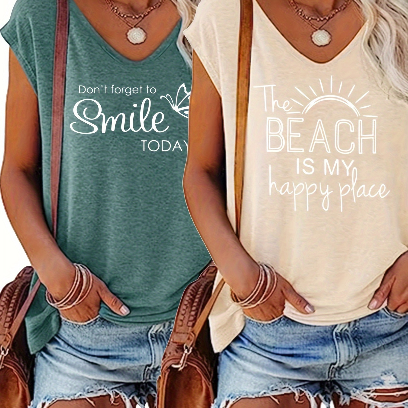 

Women's V-neck Knit Fabric T-shirt Set With Smile And Beach Sun Print, Polyester, Spring/summer