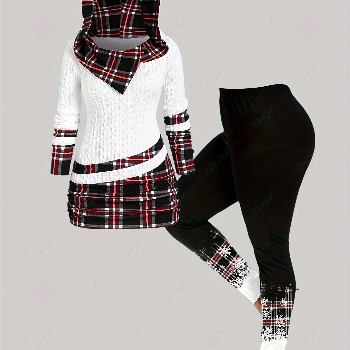 

Casual Plaid Print Two-piece Pants Set, Long Sleeve Hooded Pullover Top & Skinny High Waist Pants Outfits, Women's Clothing