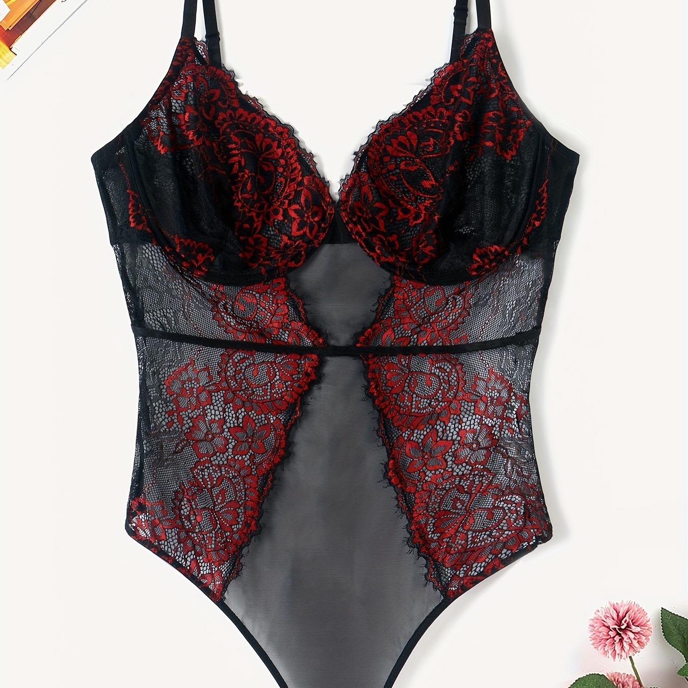 Plus Size Contrast Lace Embroidered Halter Neck Semi Sheer Sexy Lingerie  Bodysuit, Women's Plus High Stretch Sexy Teddy Bodysuit