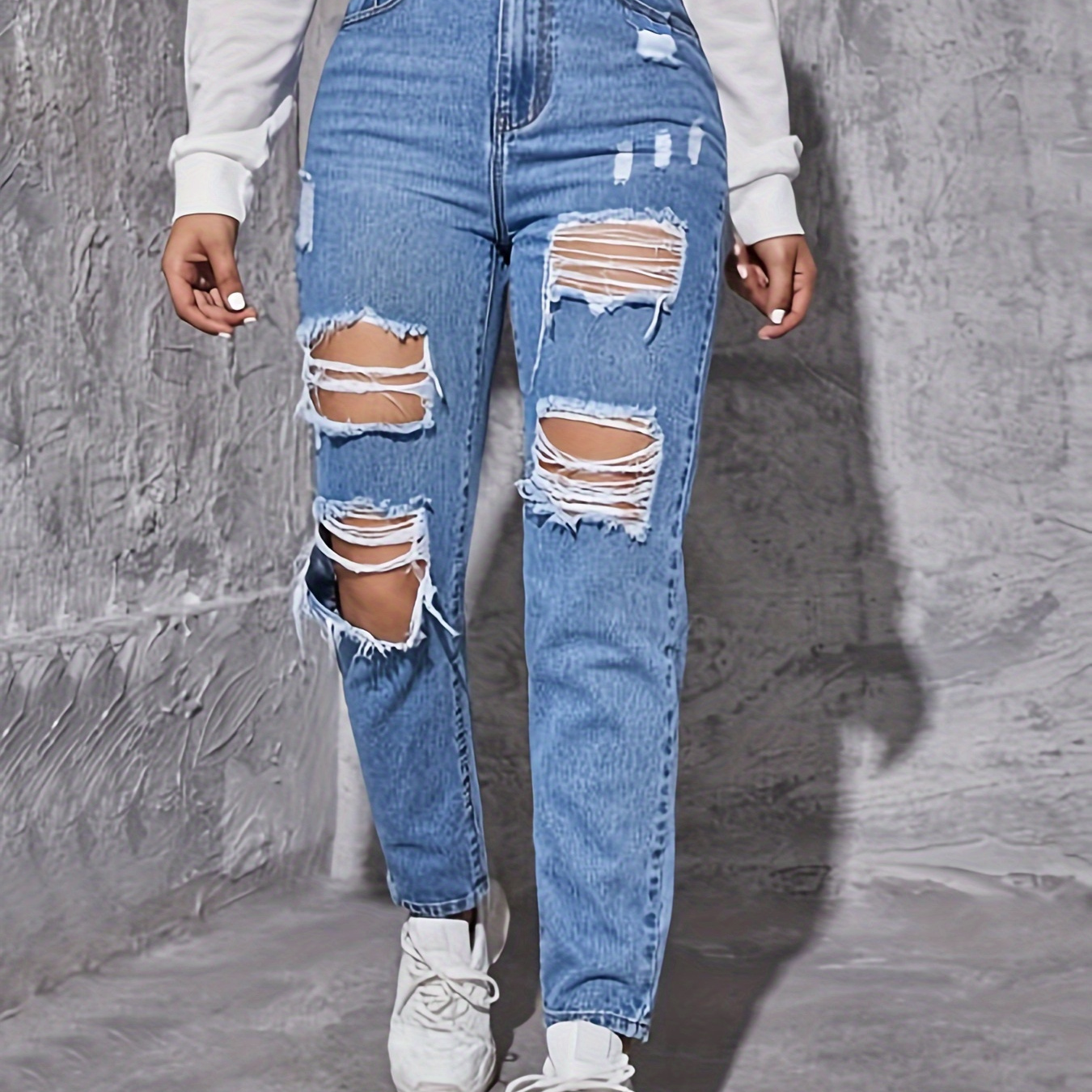

Ripped Distressed Whiskering Jeans, High Rise Washed Blue Streetwear Denim Pants, Women's Denim Jeans & Clothing