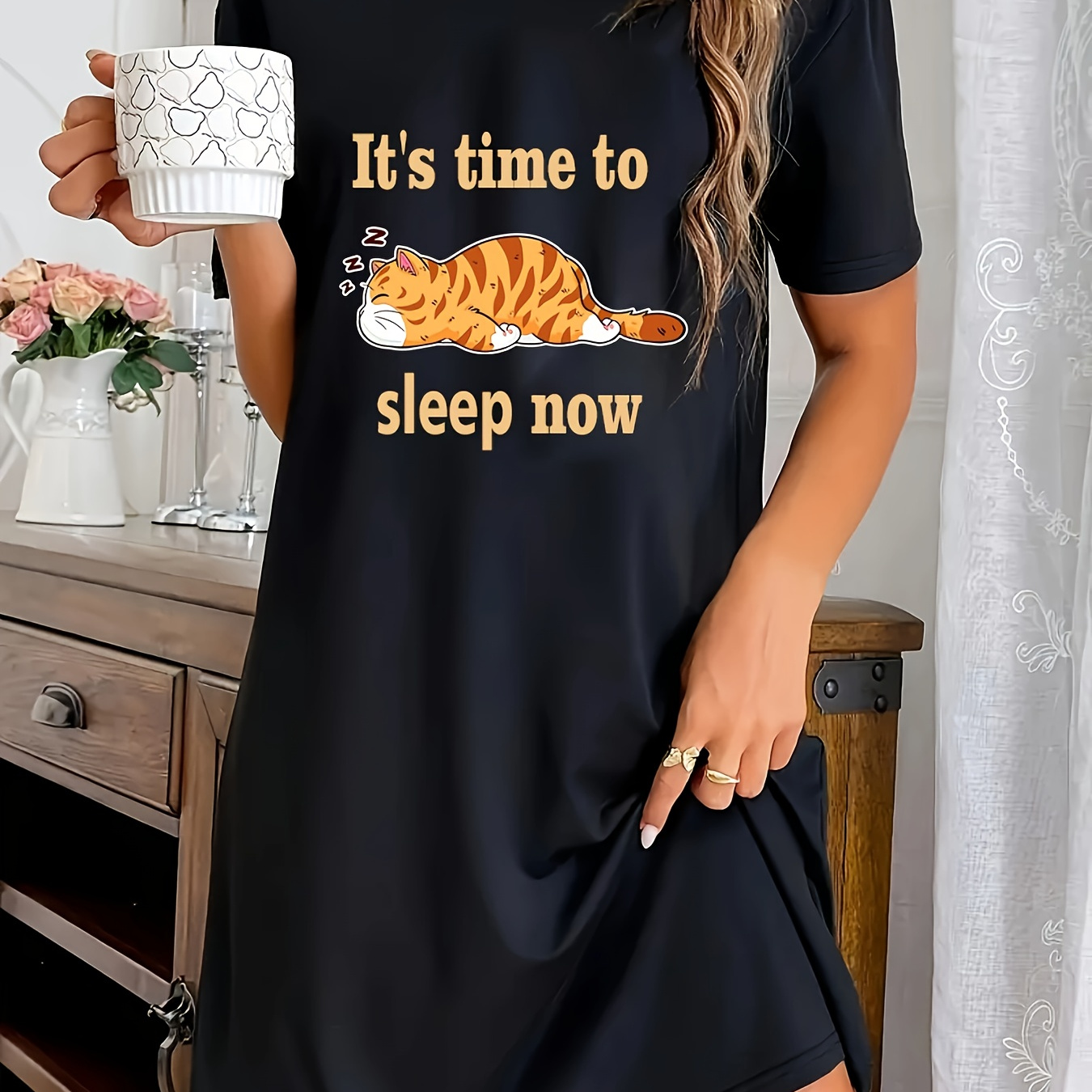 

Women's Casual Short Sleeve Sleep Dress, Polyester, Round Neck, Printed Cat Design, Spring/summer Wear, Adult Sleepwear, Knit Fabric