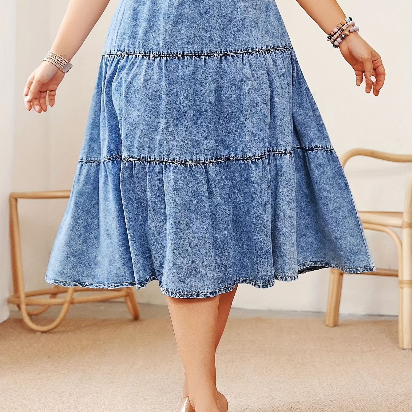 

Women's Plus Size Elegant Midi Denim Skirt, Tiered Layered Ruffle Design, Elastic Waist Casual A-line Jean Skirt, Fashionable Summer Outfit – Blue