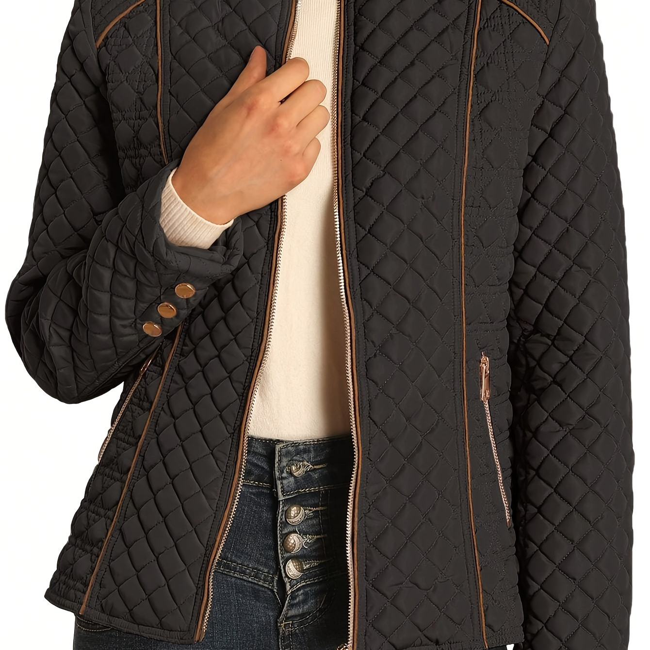 

Manteau tunique matelassé zippé, décontracté à manches longues, poches, col montant, manteau isolé pour l'automne et l'hiver, vêtements pour femmes