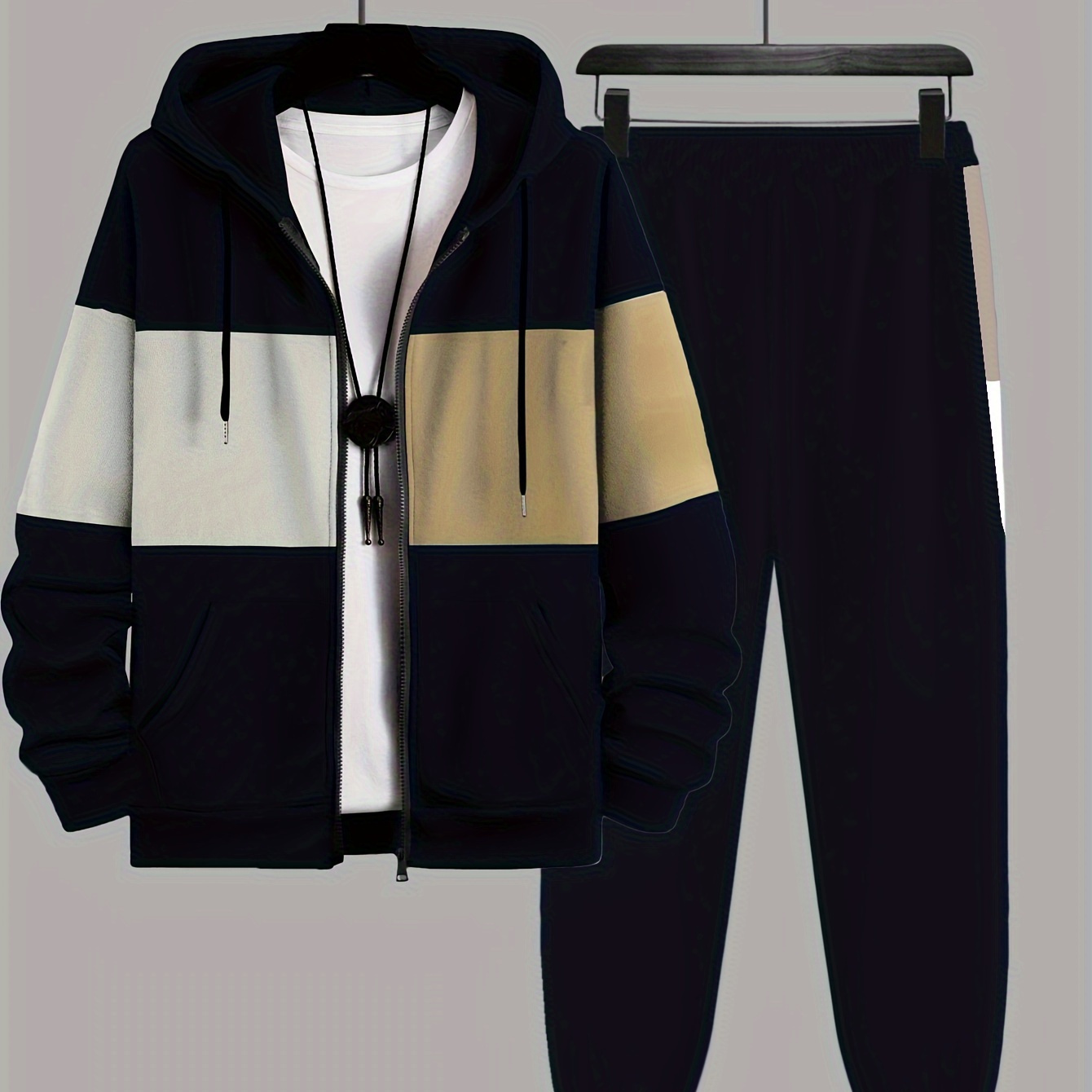 

Plus Size Men's 2pcs Outfits, Contrast Hooded Jacket & Joggers Set For Spring Fall Winter, Men's Clothing