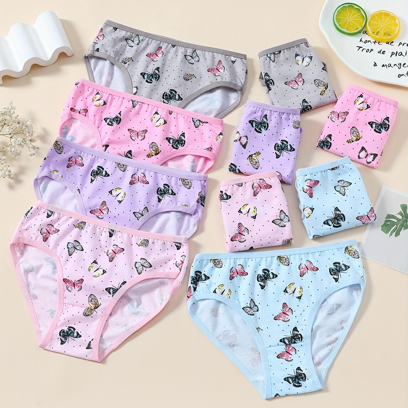 

10pcs Cute Butterfly Style Graphic Girls Briefs, Kids Comfortable Elastic Briefs, Children's Soft Panties