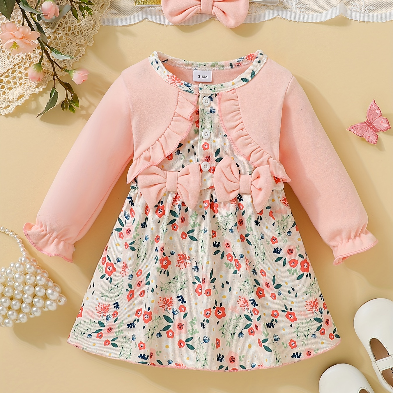

Toddler Baby Girls Sweet Long Sleeve Floral Print Princess Dresses With Bowknot, Kid's Party Casual Clothes