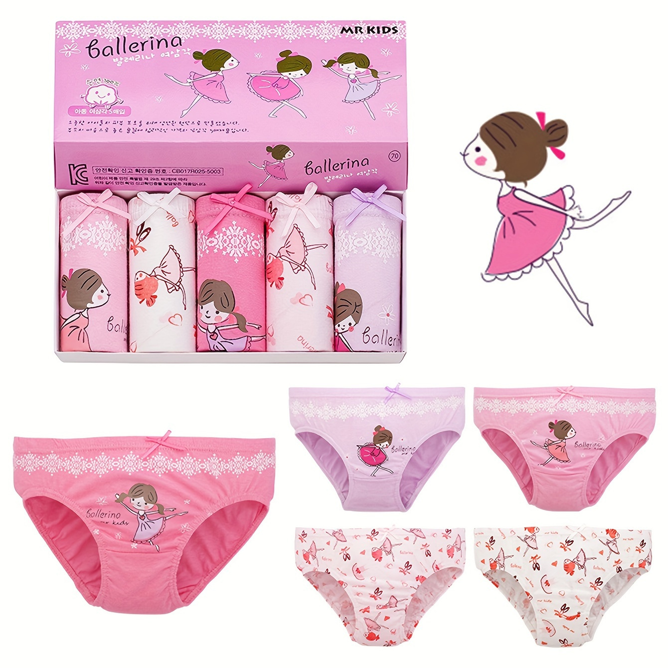 

5pcs Girls' Ballerina Cotton Panties, Cute Cartoon Ballet Theme Print Briefs Comfortable Breathable Underwear 2-12y