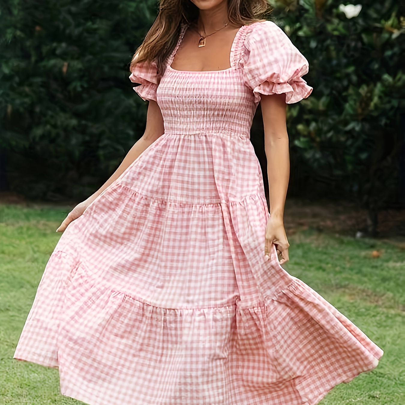 

Women's Pleated Dress, Square Neck Dress, Lantern Sleeve Dress