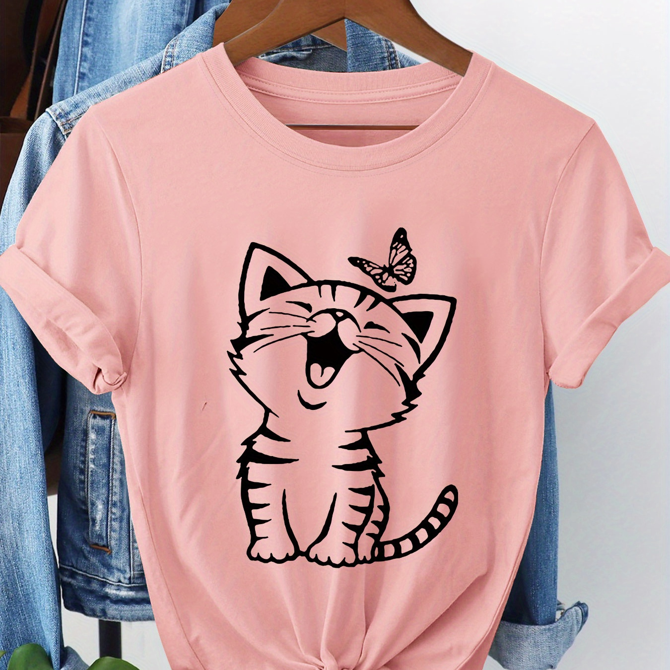 

Cat Print T-shirt, Short Sleeve Crew Neck Casual Top For Summer & Spring, Women's Clothing