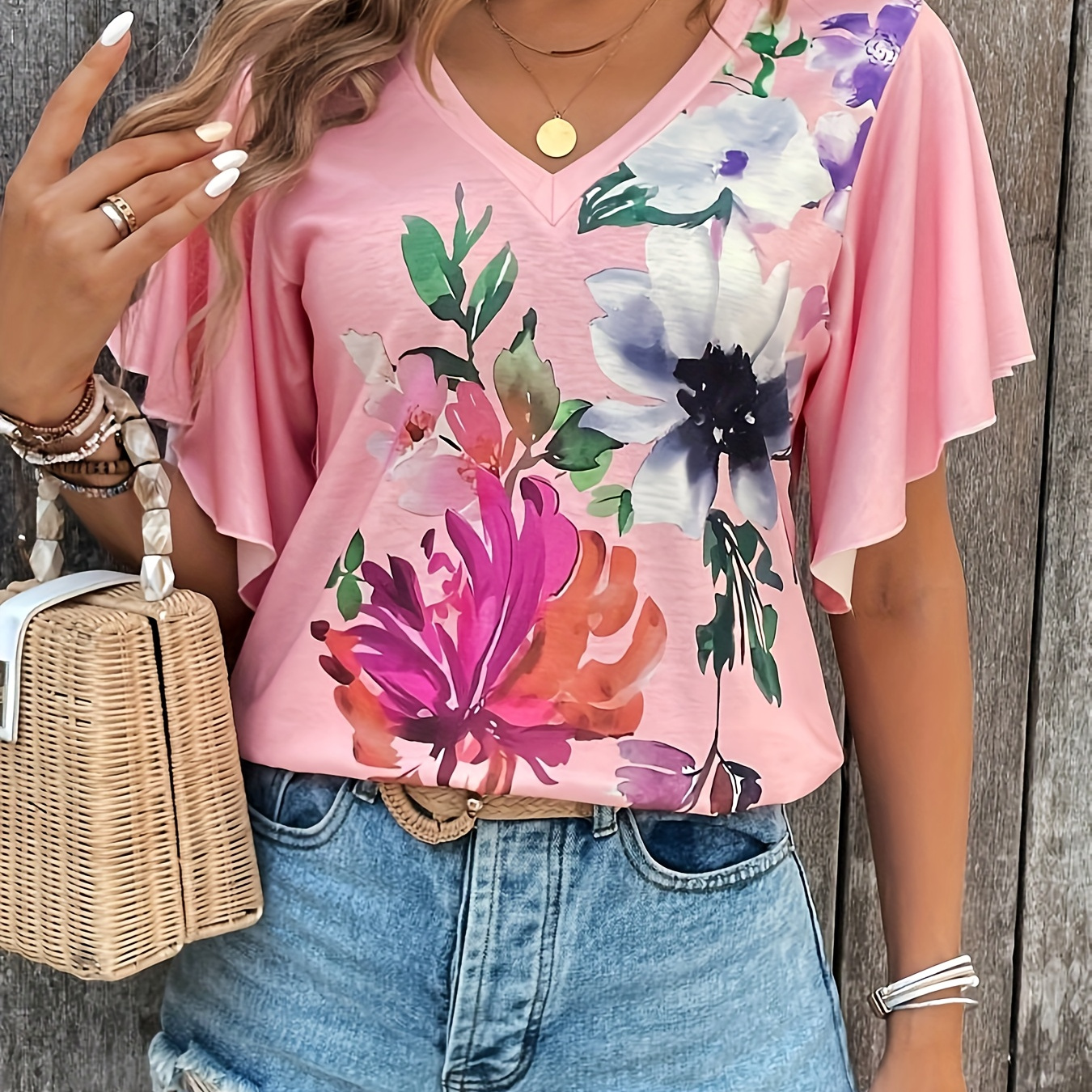 

Floral Print V Neck T-shirt, Casual Flutter Sleeve Top For Spring & Summer, Women's Clothing