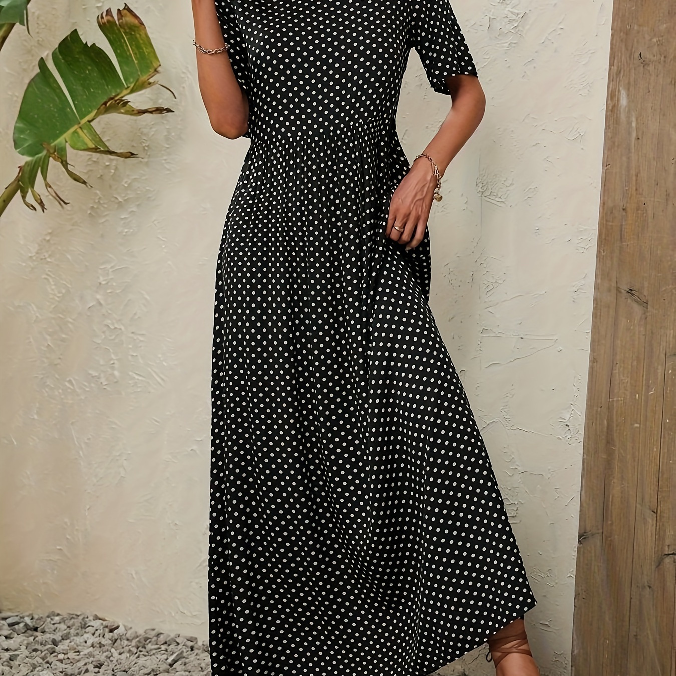 

Polka-dot Print Crew Neck Dress, Casual Short Sleeve A-line Dress For Spring & Summer, Women's Clothing