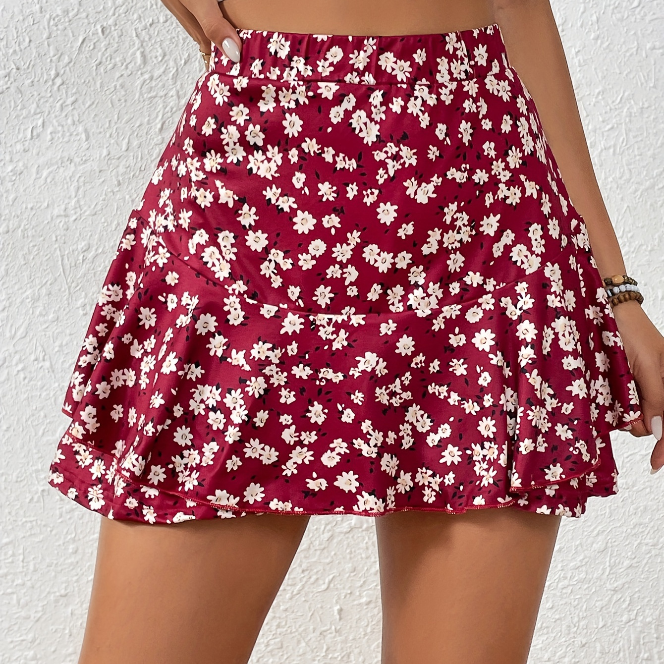 

Floral Print Flare Skort, Elegant High Waist Layered Skort For Spring & Summer, Women's Clothing