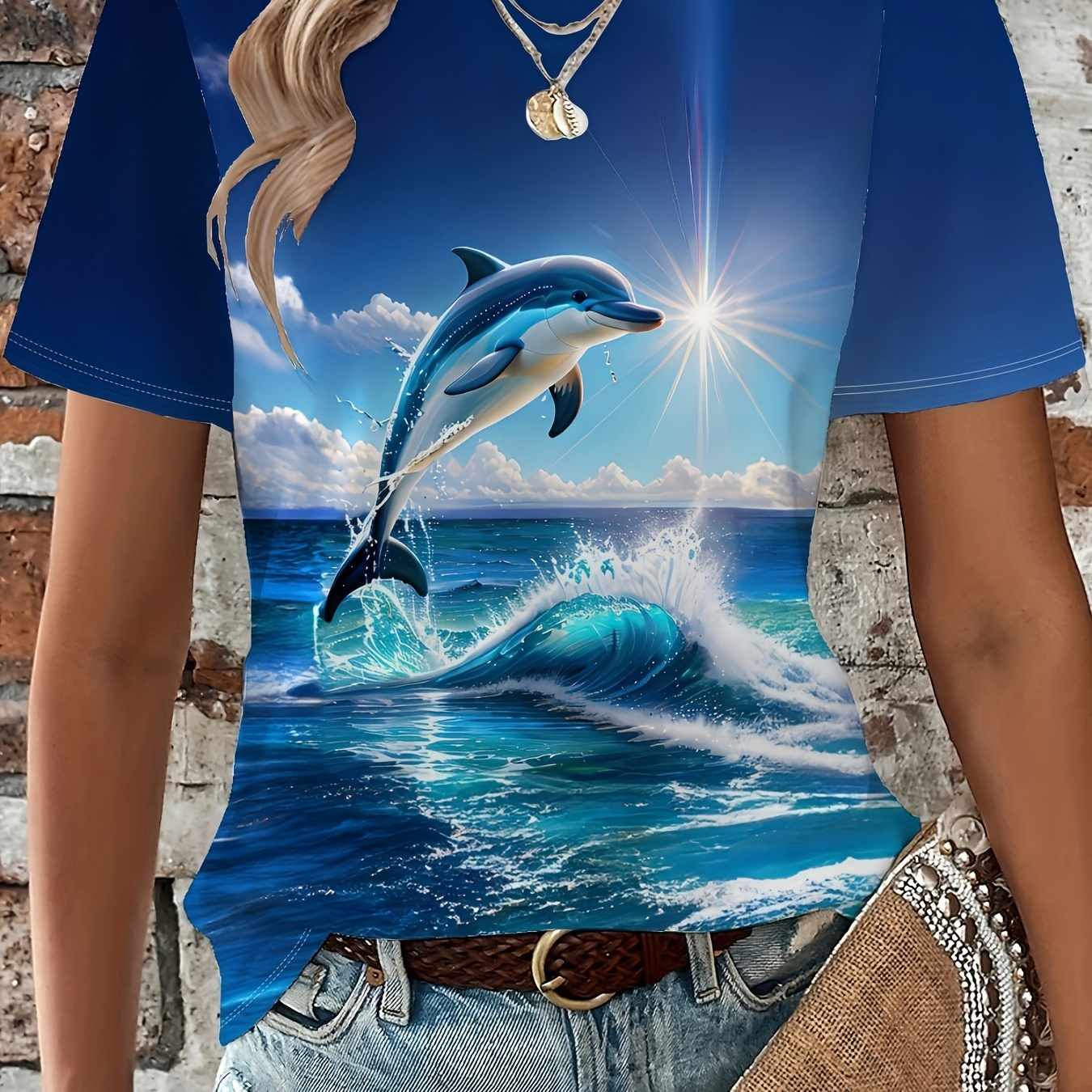 

Dolphin Neck T-shirt, Short Sleeve Casual Top For , Women's Clothing