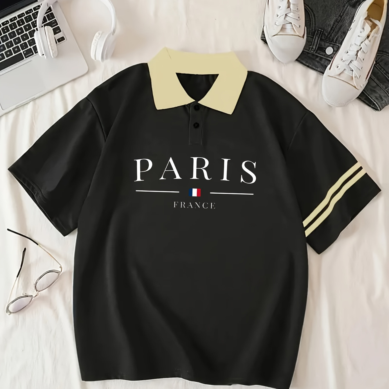 

Women's Casual Sports Polo Shirt With French Flag Design, Fashionable Short Sleeve Top With Contrast Stripes