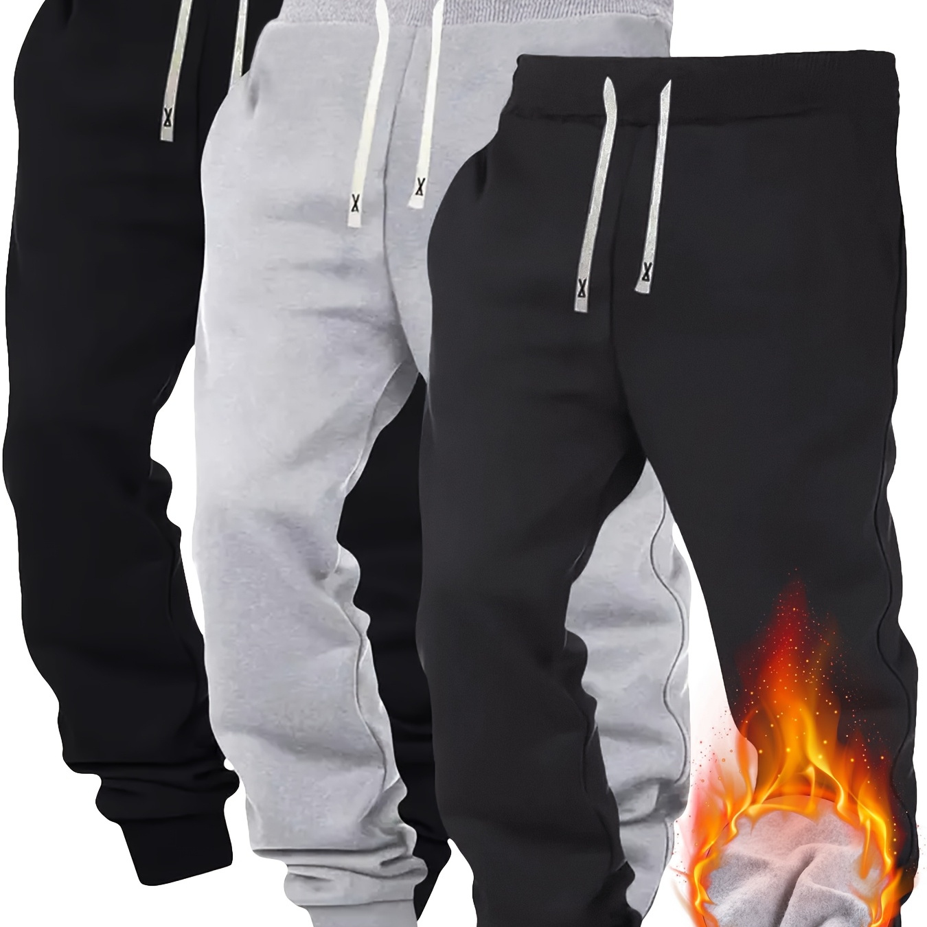 

3pcs Men's Fleece-lined Jogger Sweatpants Set - Casual, Solid Color With Pockets For Sport And Casual Winter Wear