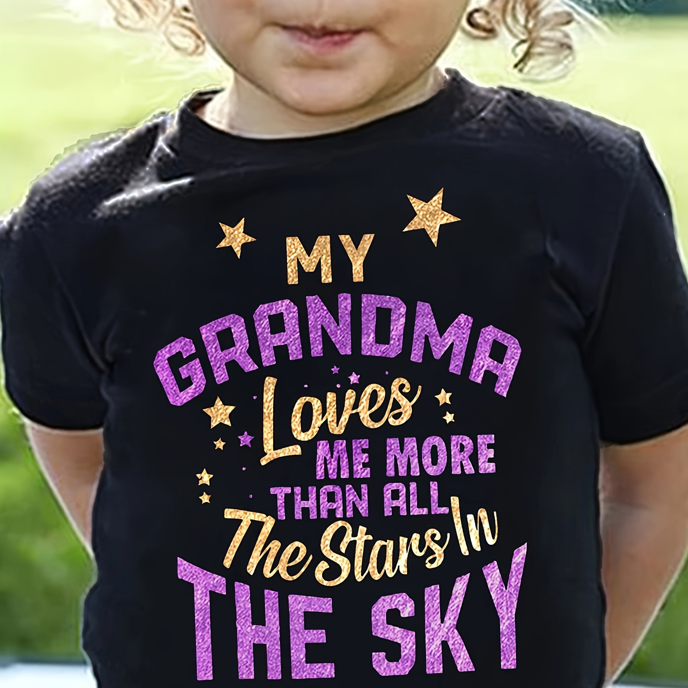 

My Grandma Loves Me... Print, Girls' Casual & Comfy Crew Neck Short Sleeve T-shirt For Spring & Summer, Girls' Clothes For Outdoor Activities